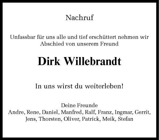  Traueranzeige für Dirk Willebrandt vom 02.09.2011 aus Westfälische Nachrichten
