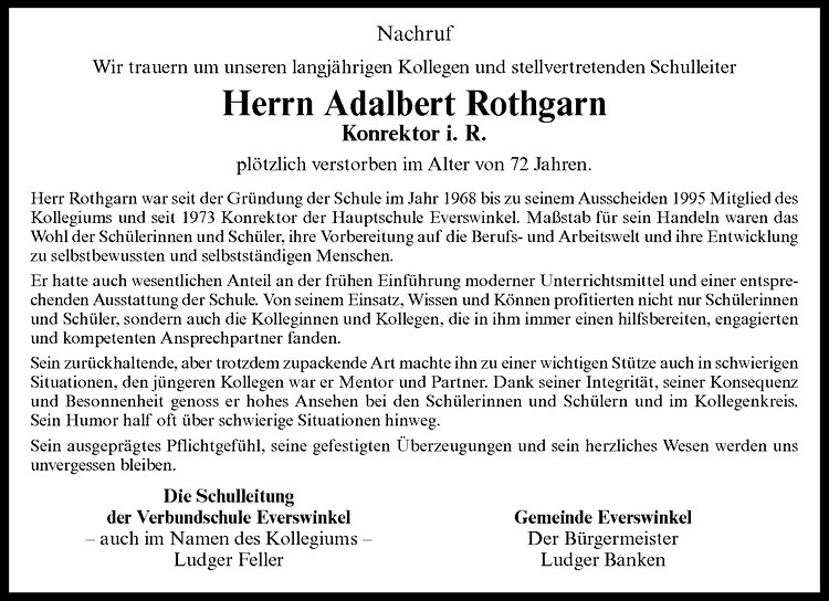  Traueranzeige für Adalbert Rothgarn vom 07.09.2011 aus Westfälische Nachrichten