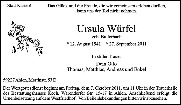  Traueranzeige für Ursula Würfel vom 01.10.2011 aus Westfälische Nachrichten
