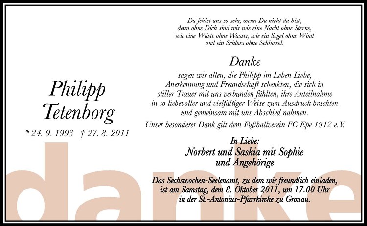  Traueranzeige für Philipp Tetenborg vom 05.10.2011 aus Westfälische Nachrichten