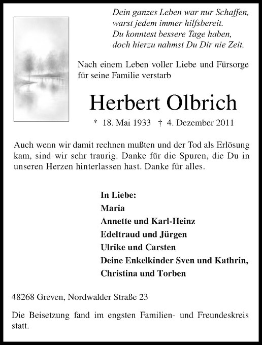  Traueranzeige für Herbert Olbrich vom 10.12.2011 aus Westfälische Nachrichten