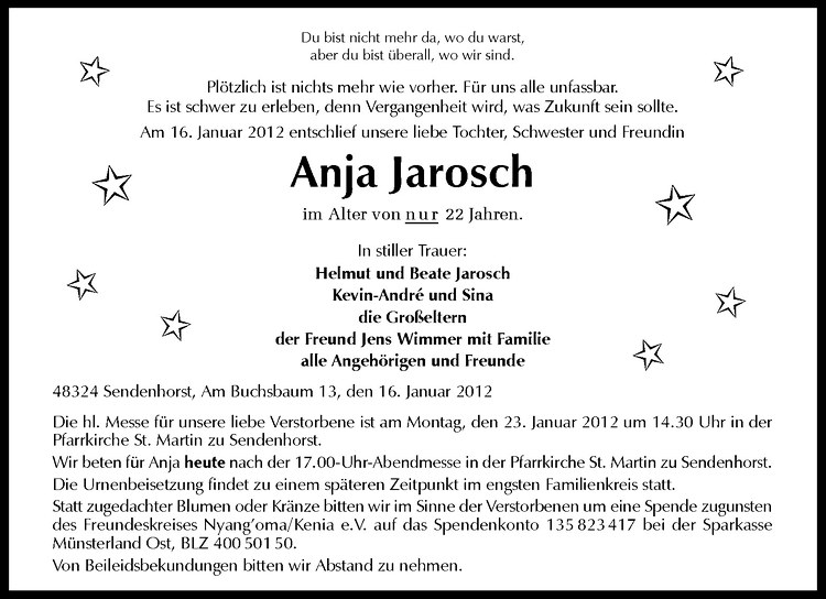  Traueranzeige für Anja Jarosch vom 21.01.2012 aus Westfälische Nachrichten