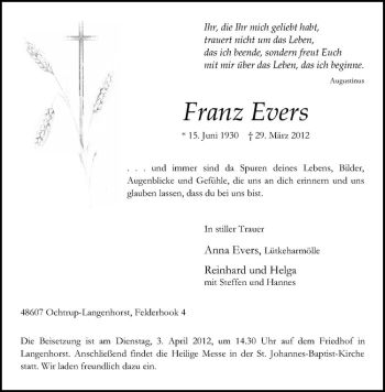 Anzeige von Franz Evers von Westfälische Nachrichten