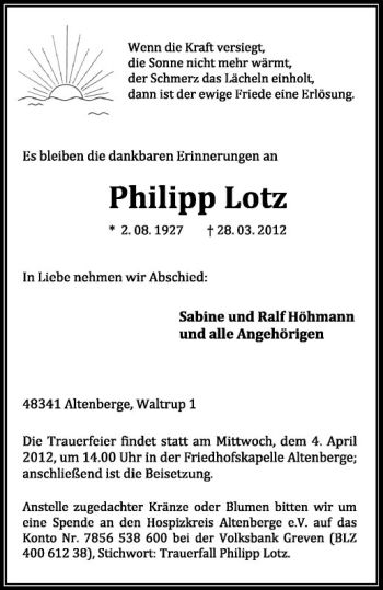 Anzeige von Philipp Lotz von Westfälische Nachrichten