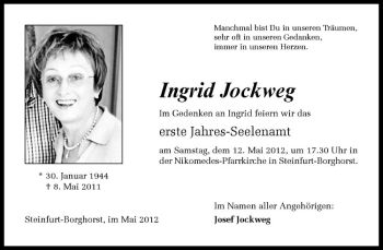 Anzeige von Ingrid Jockweg von Westfälische Nachrichten