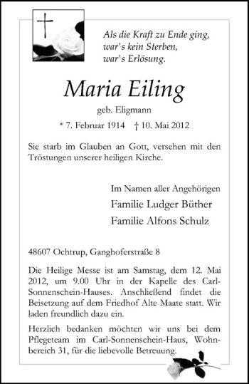 Anzeige von Maria Eiling von Westfälische Nachrichten