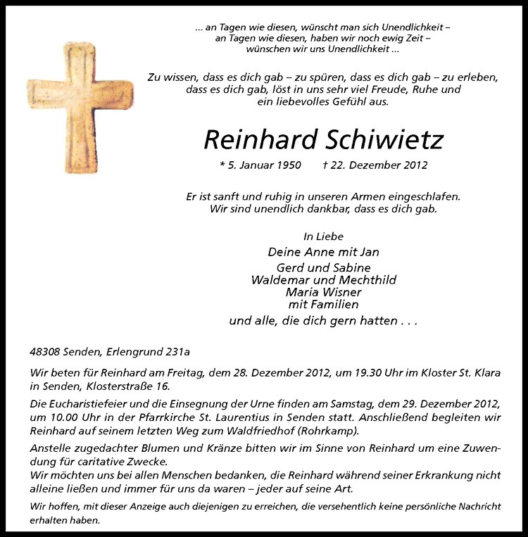  Traueranzeige für Reinhard Schiwietz vom 24.12.2012 aus Westfälische Nachrichten
