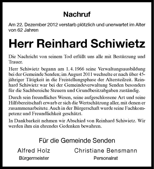  Traueranzeige für Reinhard Schiwietz vom 29.12.2012 aus Westfälische Nachrichten