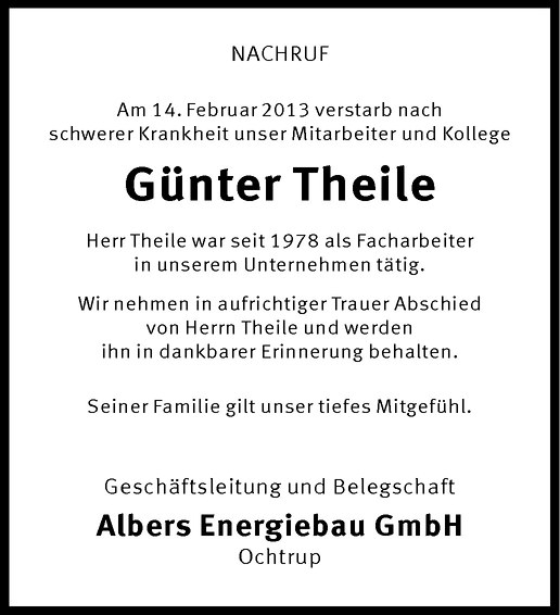  Traueranzeige für Günter Theile vom 20.02.2013 aus Westfälische Nachrichten