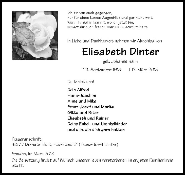  Traueranzeige für Elisabeth Dinter vom 23.03.2013 aus Westfälische Nachrichten