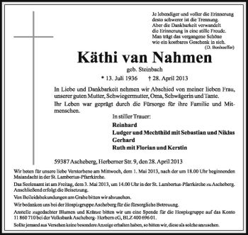 Anzeige von Käthi van Nahmen von Westfälische Nachrichten