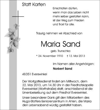 Anzeige von Maria Sand von Westfälische Nachrichten
