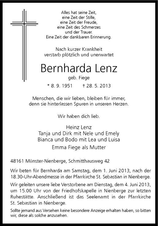  Traueranzeige für Bernharda Lenz vom 01.06.2013 aus Westfälische Nachrichten