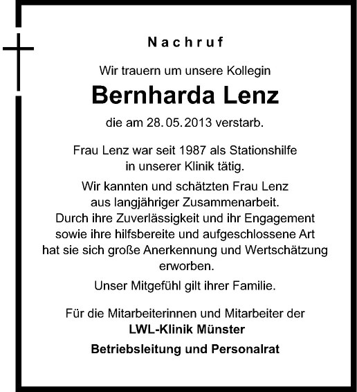  Traueranzeige für Bernharda Lenz vom 08.06.2013 aus Westfälische Nachrichten