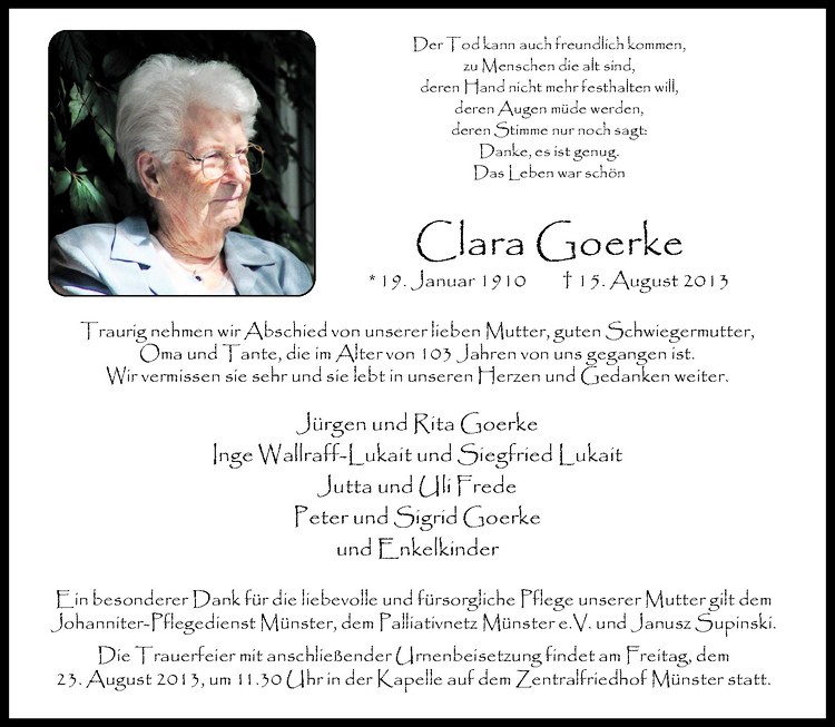  Traueranzeige für Clara Goerke vom 21.08.2013 aus Westfälische Nachrichten