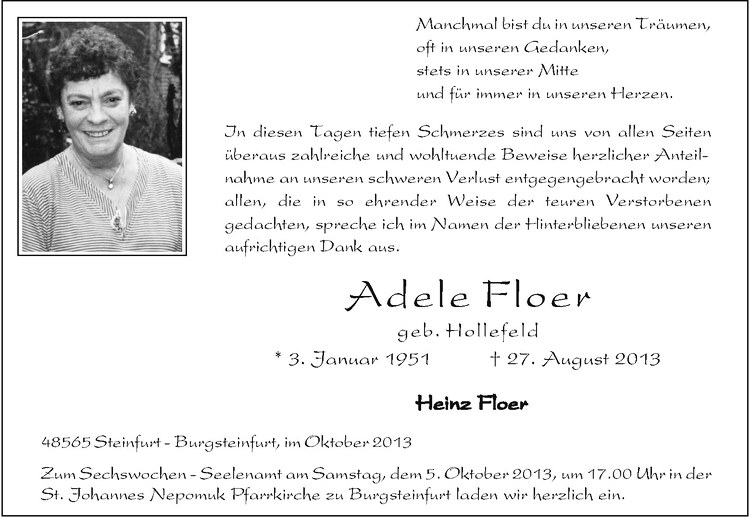  Traueranzeige für Adele Floer vom 02.10.2013 aus Westfälische Nachrichten