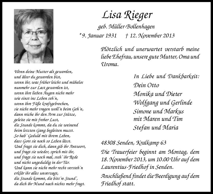  Traueranzeige für Lisa Rieger vom 14.11.2013 aus Westfälische Nachrichten