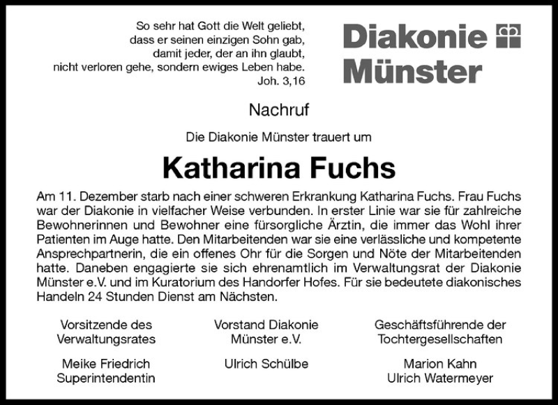  Traueranzeige für Katharina Fuchs vom 21.12.2013 aus Westfälische Nachrichten