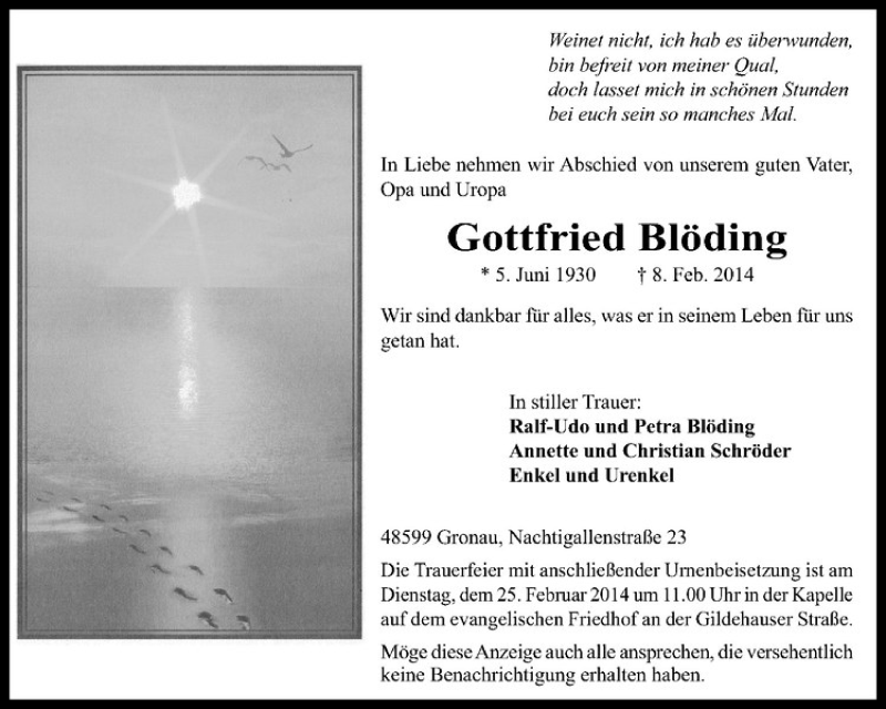  Traueranzeige für Gottfried Blöding vom 15.02.2014 aus Westfälische Nachrichten