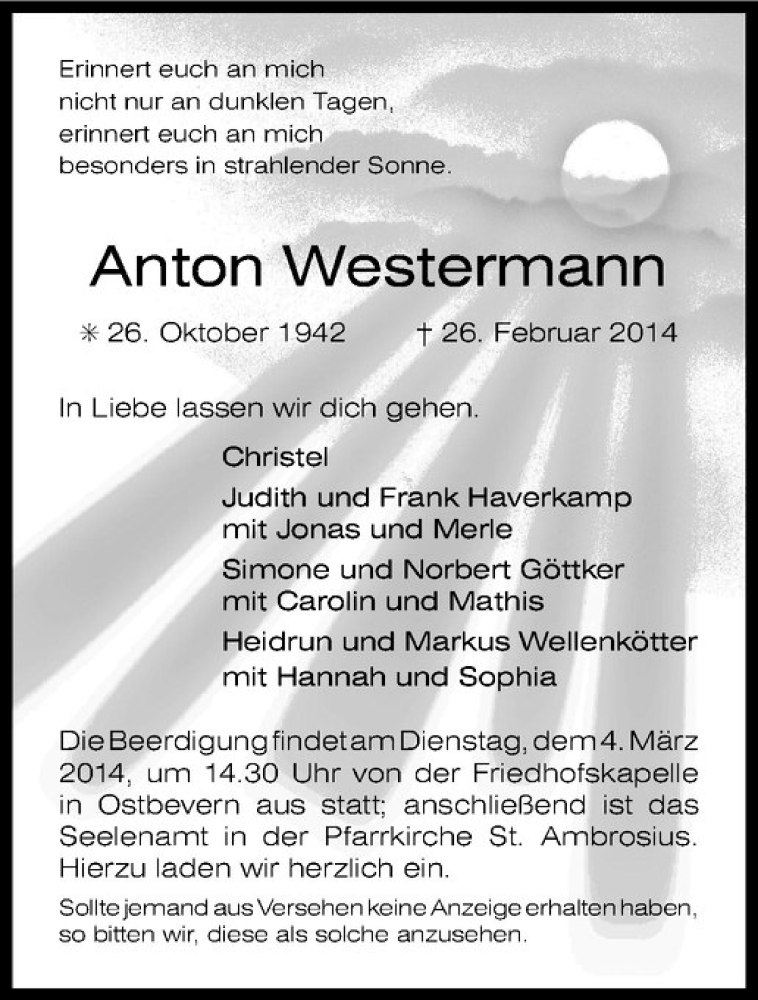  Traueranzeige für Anton Westermann vom 28.02.2014 aus Westfälische Nachrichten