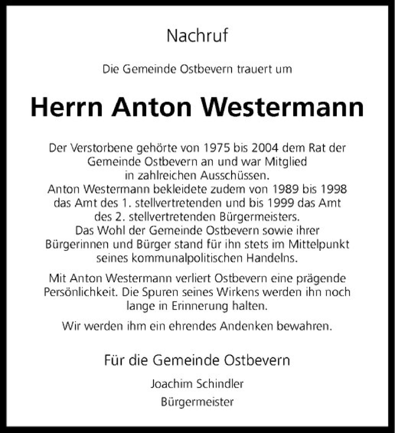  Traueranzeige für Anton Westermann vom 01.03.2014 aus Westfälische Nachrichten