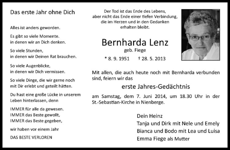 Traueranzeige für Bernharda Lenz vom 31.05.2014 aus Westfälische Nachrichten
