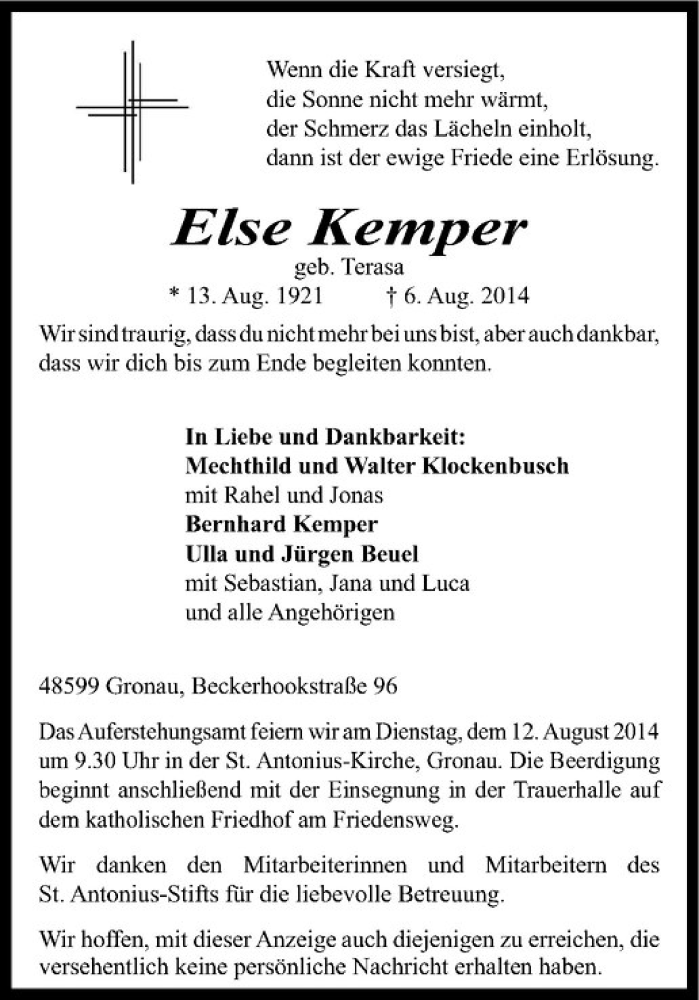  Traueranzeige für Else Kemper vom 08.08.2014 aus Westfälische Nachrichten