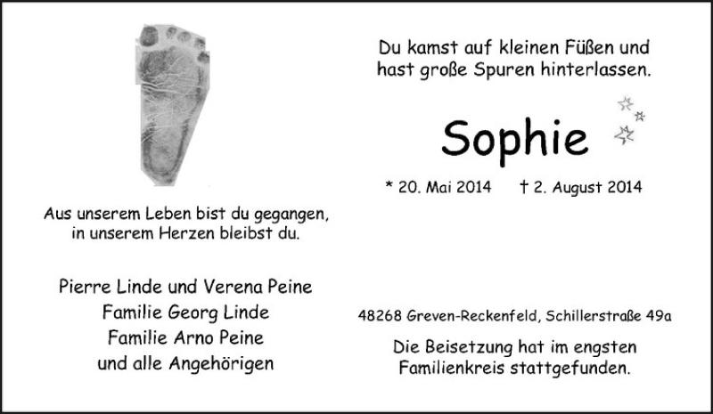  Traueranzeige für Sophie  vom 09.08.2014 aus Westfälische Nachrichten