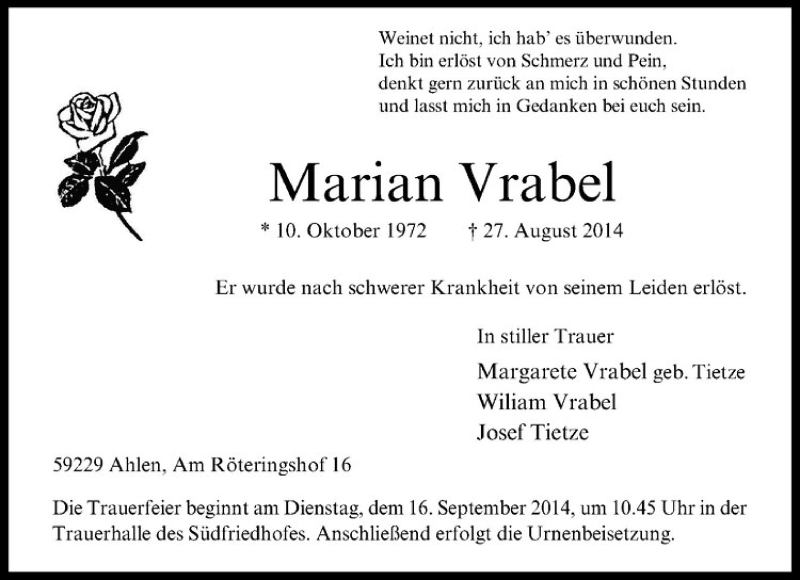  Traueranzeige für Marian Vrabel vom 13.09.2014 aus Westfälische Nachrichten