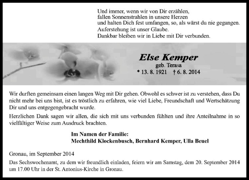  Traueranzeige für Else Kemper vom 17.09.2014 aus Westfälische Nachrichten