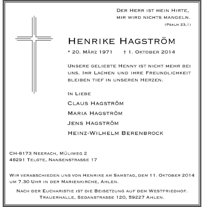  Traueranzeige für Henrike Hagström vom 08.10.2014 aus Westfälische Nachrichten