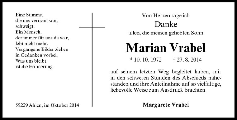  Traueranzeige für Marian Vrabel vom 11.10.2014 aus Westfälische Nachrichten