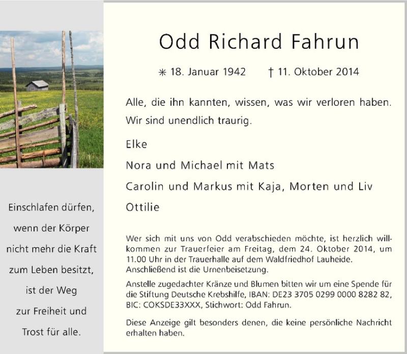  Traueranzeige für Odd Richard Fahrun vom 17.10.2014 aus Westfälische Nachrichten