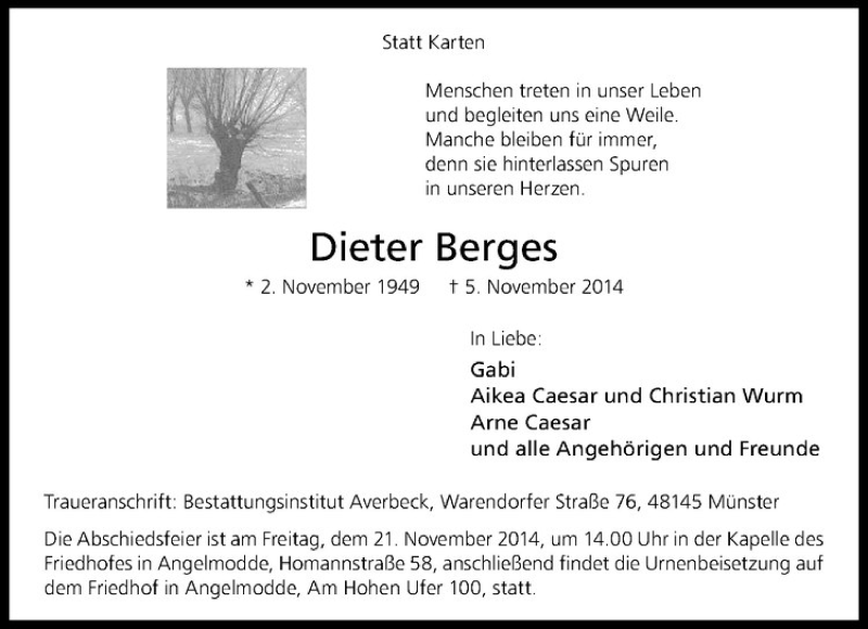  Traueranzeige für Dieter Berges vom 15.11.2014 aus Westfälische Nachrichten