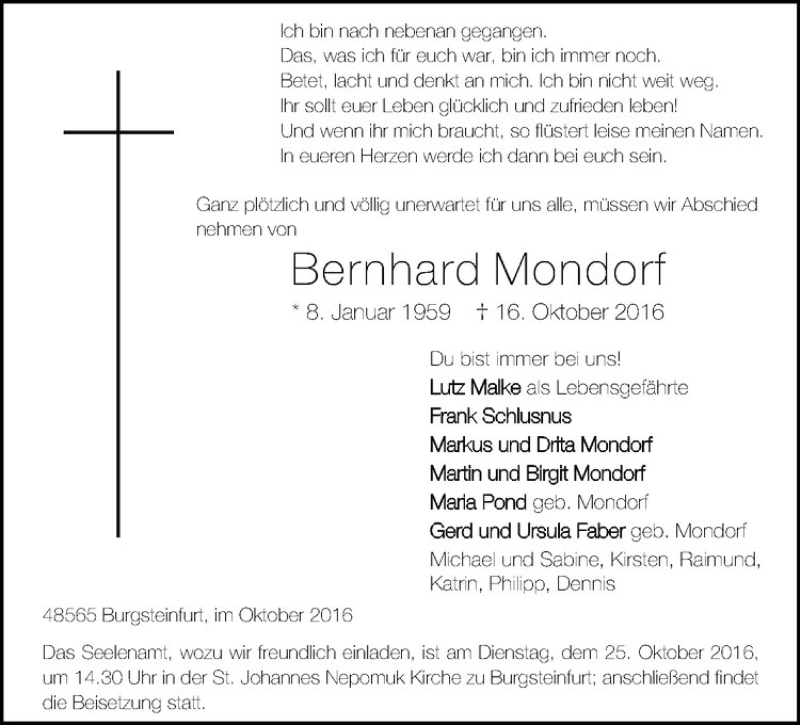  Traueranzeige für Bernhard Mondorf vom 19.10.2016 aus Westfälische Nachrichten