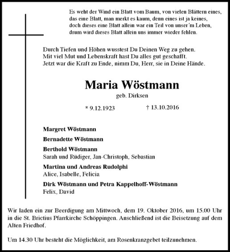  Traueranzeige für Maria Wöstmann vom 17.10.2016 aus Westfälische Nachrichten