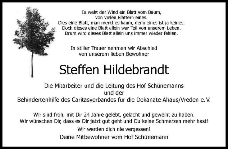  Traueranzeige für Steffen Hildebrandt vom 01.10.2016 aus Westfälische Nachrichten