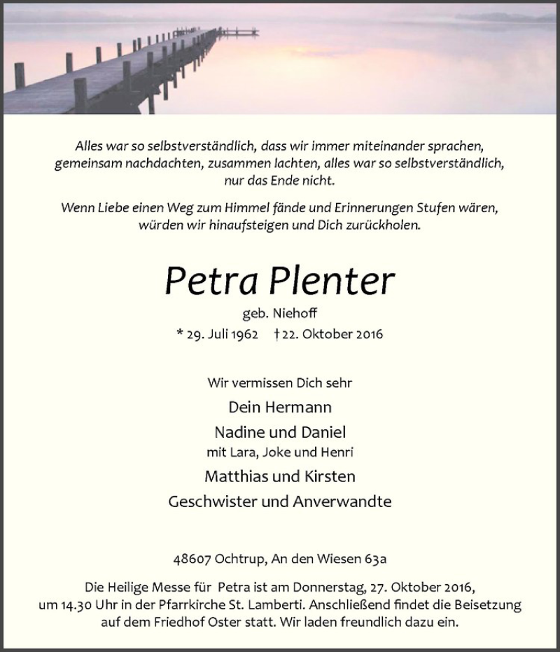  Traueranzeige für Petra Plenter vom 25.10.2016 aus Westfälische Nachrichten