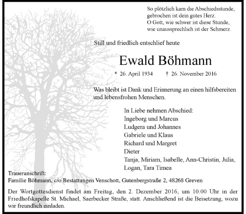  Traueranzeige für Ewald Böhmann vom 30.11.2016 aus Westfälische Nachrichten