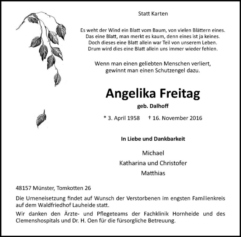  Traueranzeige für Angelika Freitag vom 26.11.2016 aus Westfälische Nachrichten
