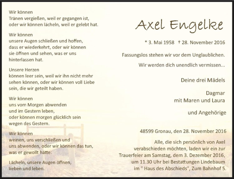  Traueranzeige für Axel Engelke vom 30.11.2016 aus Westfälische Nachrichten