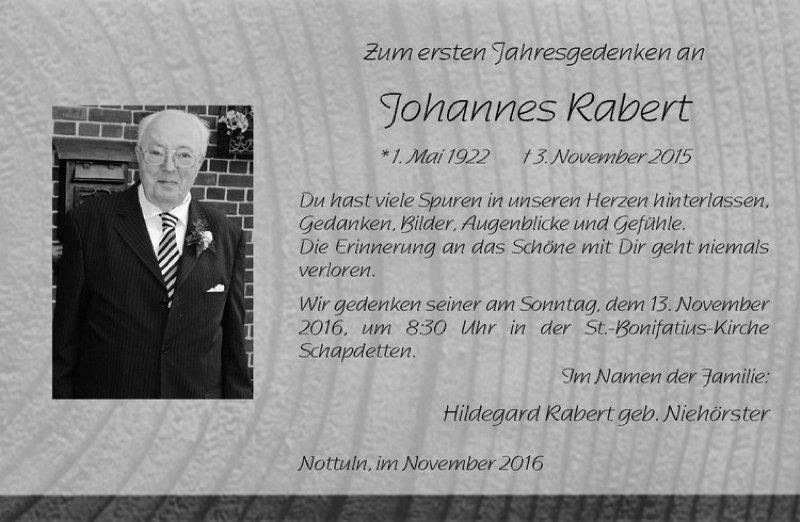  Traueranzeige für Johannes Rabert vom 05.11.2016 aus Westfälische Nachrichten