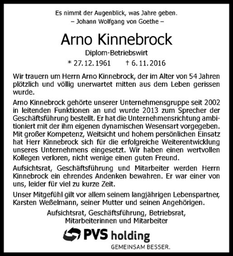  Traueranzeige für Arno Kinnebrock vom 19.11.2016 aus Westfälische Nachrichten