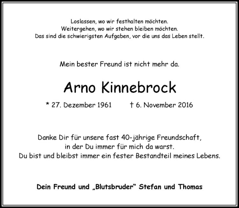  Traueranzeige für Arno Kinnebrock vom 12.11.2016 aus Westfälische Nachrichten