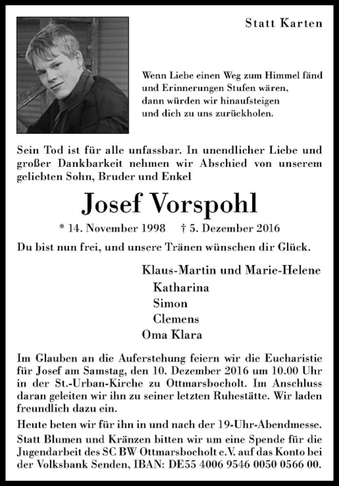  Traueranzeige für Josef Vorspohl vom 08.12.2016 aus Westfälische Nachrichten