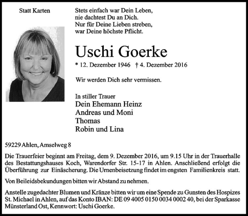  Traueranzeige für Uschi Goerke vom 07.12.2016 aus Westfälische Nachrichten