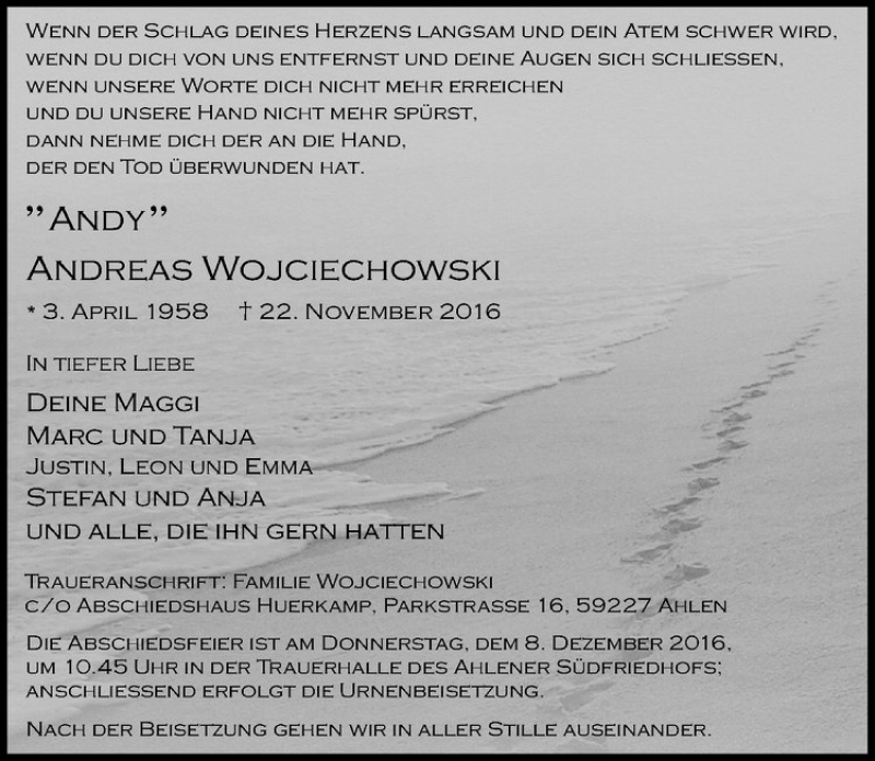  Traueranzeige für Andreas Wojciechowski vom 03.12.2016 aus Westfälische Nachrichten