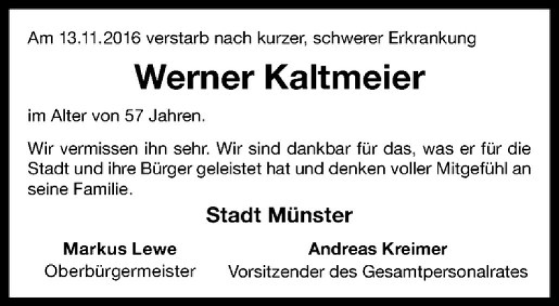  Traueranzeige für Werner Kaltmeier vom 23.11.2016 aus Westfälische Nachrichten