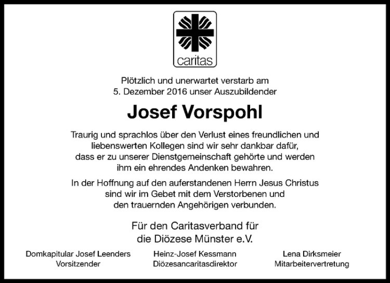  Traueranzeige für Josef Vorspohl vom 10.12.2016 aus Westfälische Nachrichten