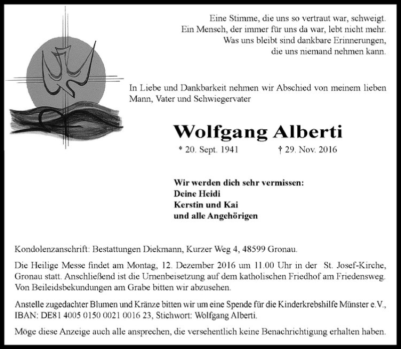  Traueranzeige für Wolfgang Alberti vom 05.12.2016 aus Westfälische Nachrichten
